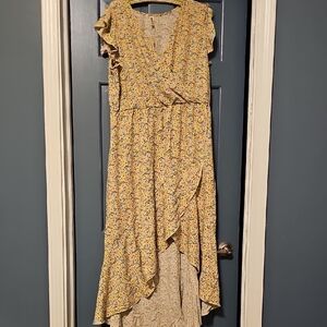 Grecerelle Yellow Floral High Low Dress Women 2X Ruffle Maxi Summer Casual